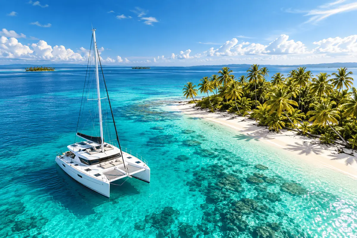 Catamarán Margarita fondeado junto a una isla de San Blas
