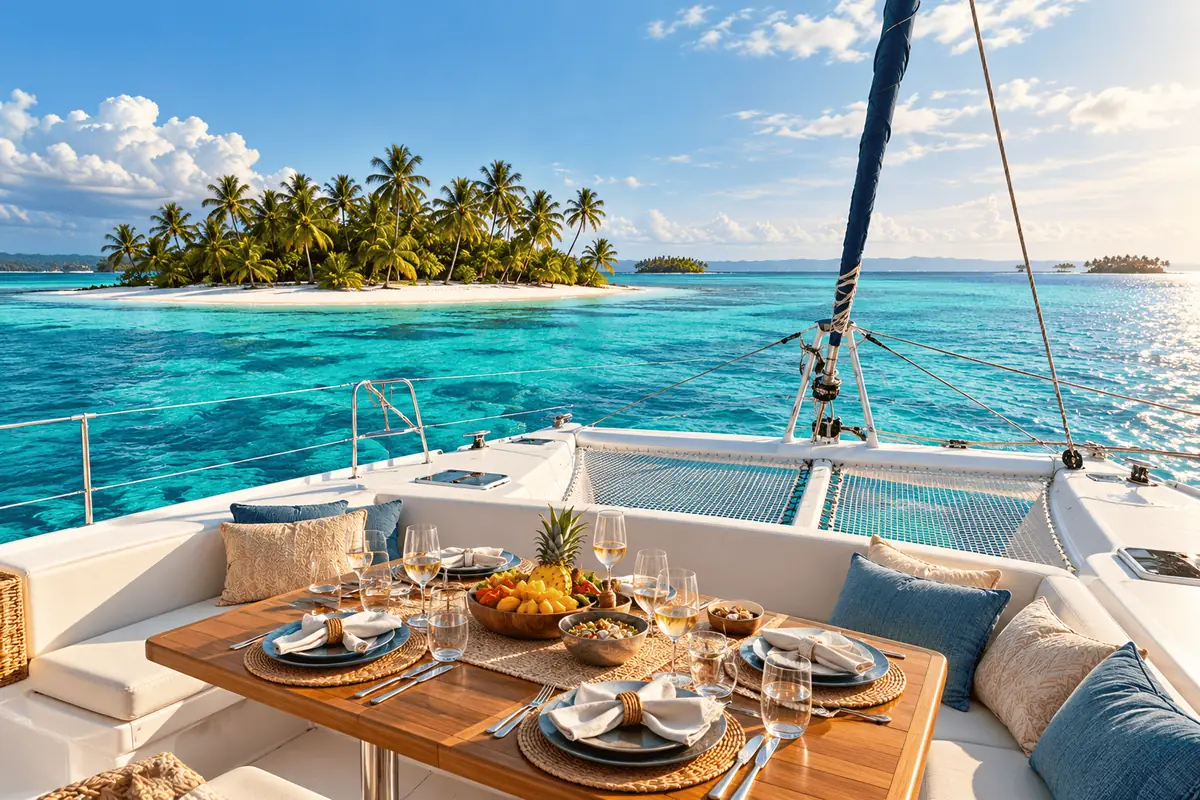 Mesa servida en la cubierta del catamarán con vista a las islas