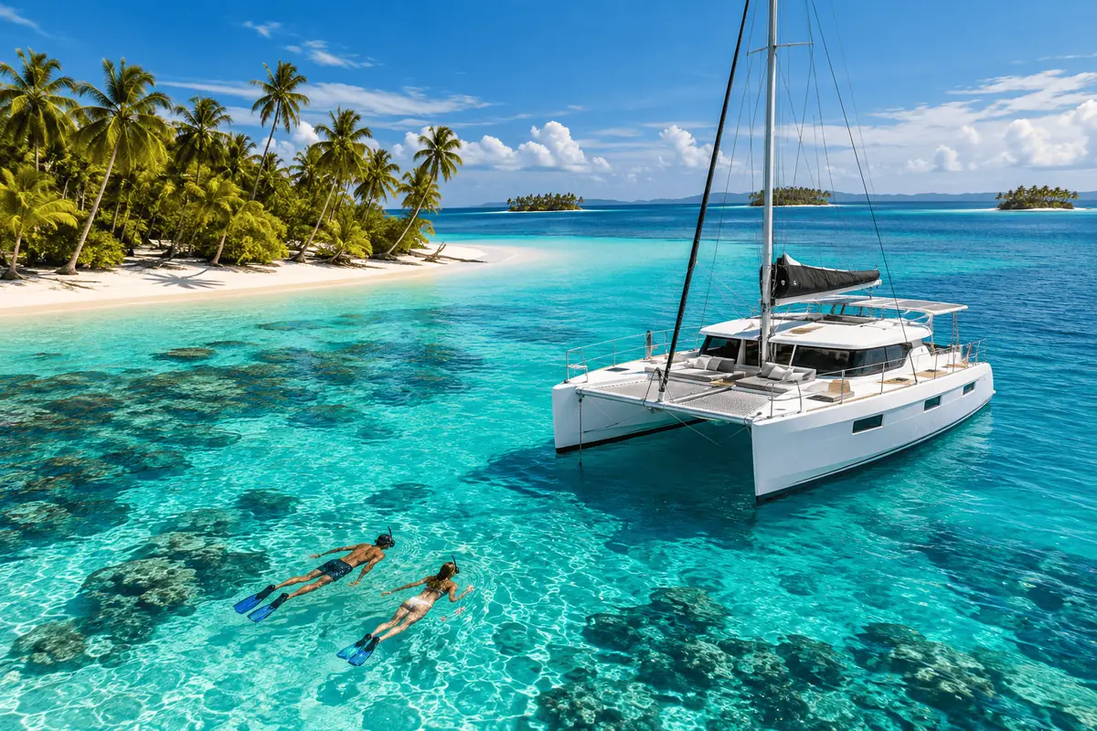 Huéspedes haciendo snorkel junto al catamarán en San Blas