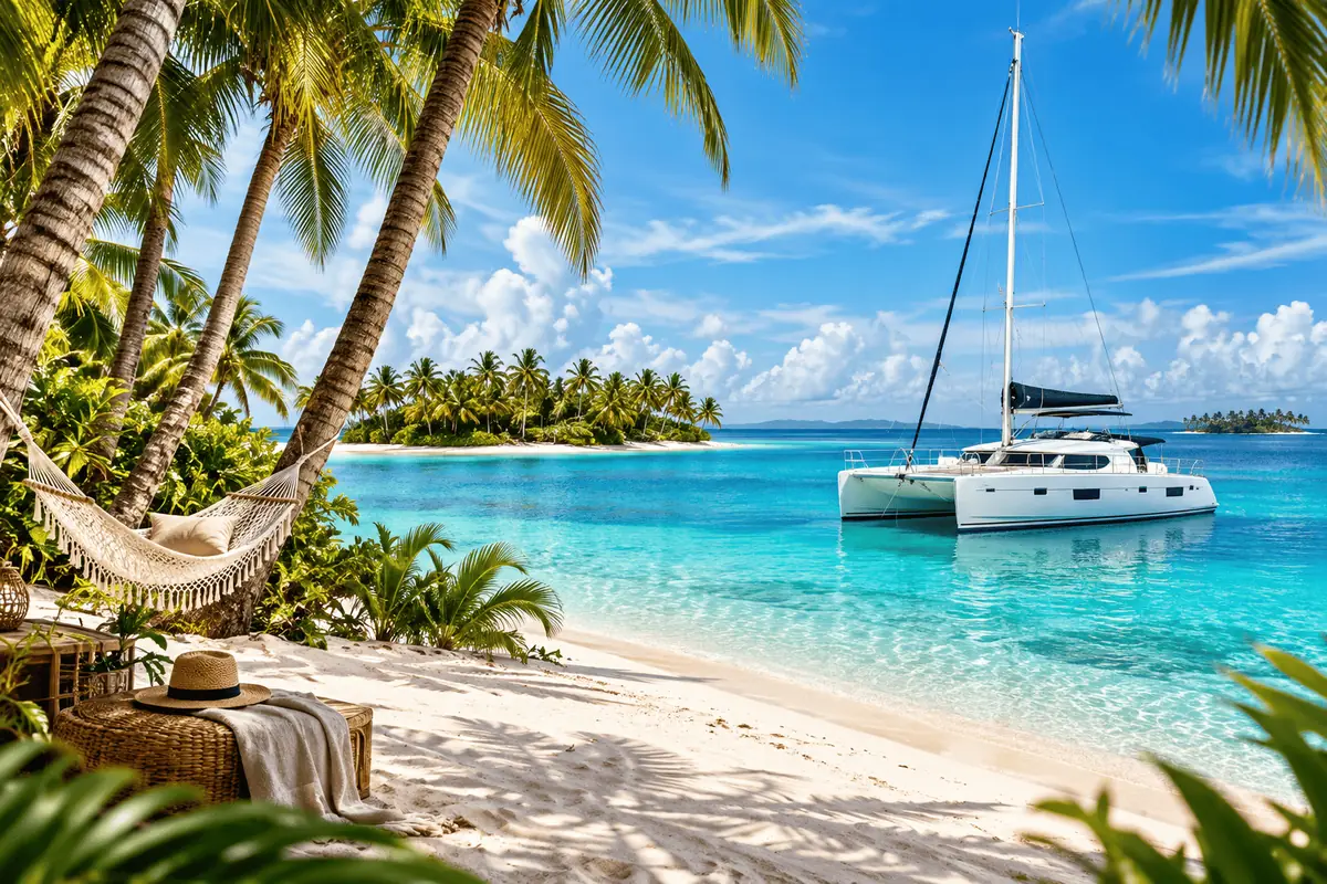 Hamaca en una playa de San Blas con el catamarán al fondo