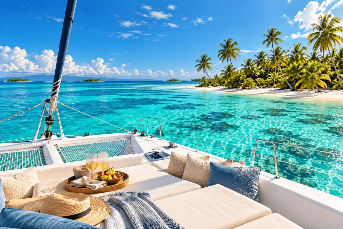 Cubierta del catamarán con bebidas de bienvenida y vista a la isla