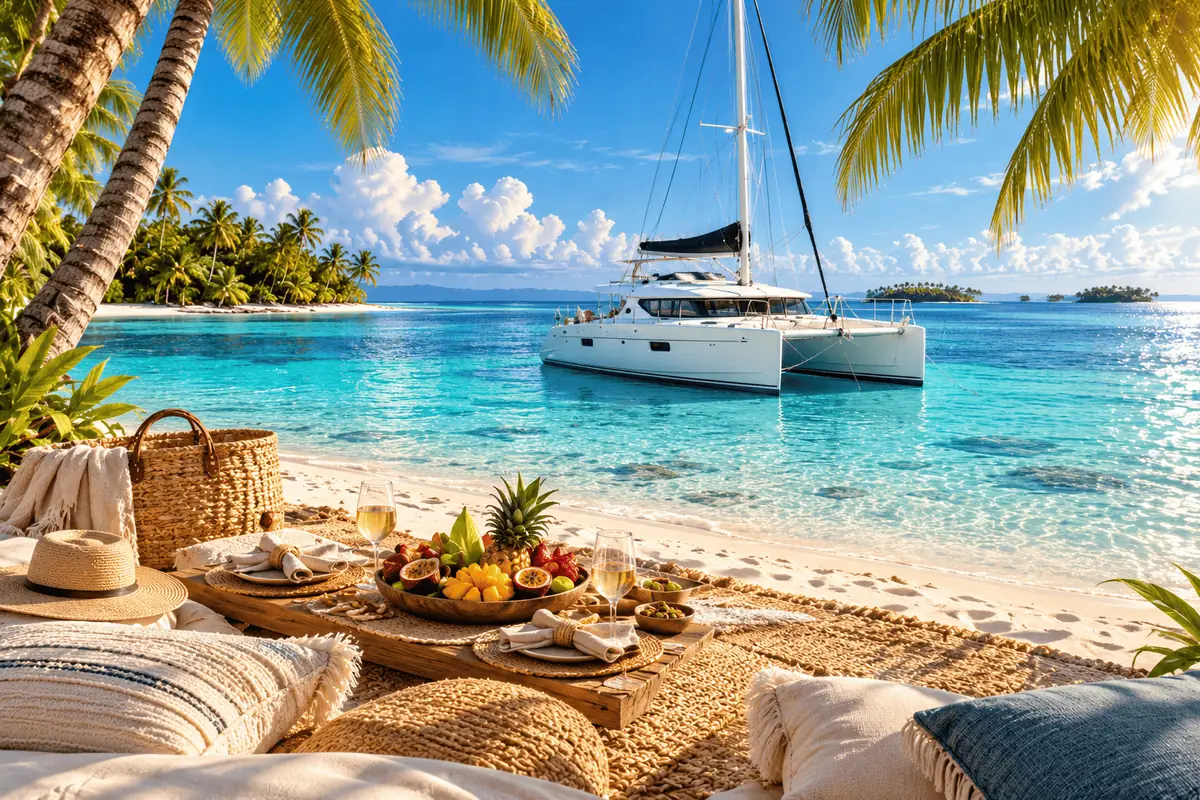 Picnic en la playa de San Blas con el catamarán al fondo