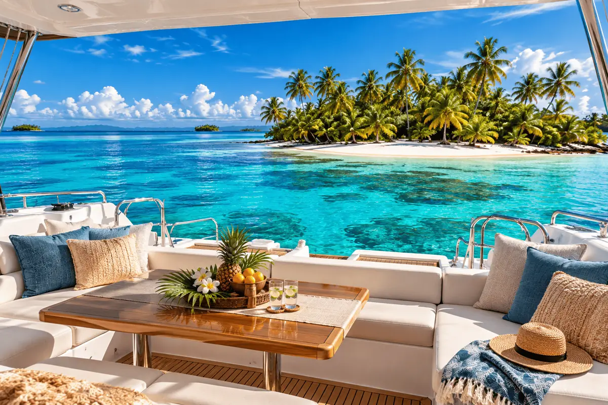 Lounge en la cubierta del catamarán con frutas tropicales